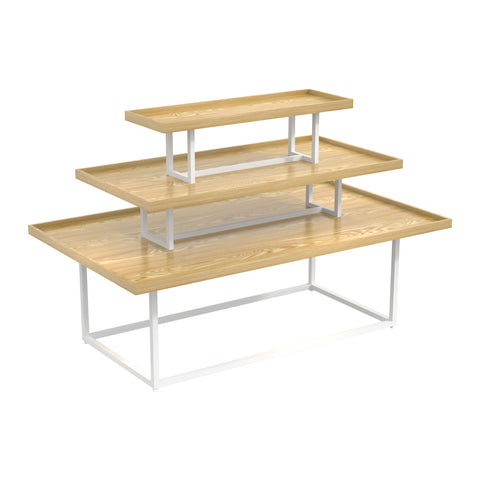 GUHUI-3-Tier-Retail-Display-Table-with-Natural-Wood-Shelves-White-Metal-Frame