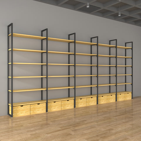 GUHUI-Black-Metal-Wall-Display-Shelf-with-Wood-Grain-Shelves-and-Drawer-Storage-503cm_3
