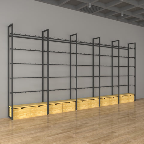 GUHUI-Black-Retail-Wall-Display-System-with-Hooks-Wood-Grain-Storage-Drawers-503cm_3