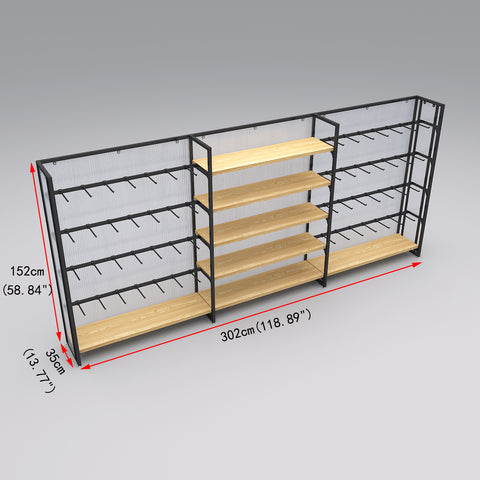 GUHUI-Single-Sided-Gondola-Display-Rack-with-Center-Shelves-Black-Side-Hooks-302cm_2