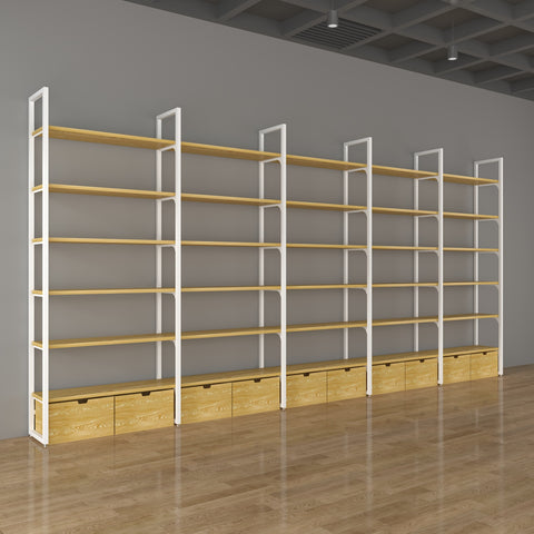 GUHUI-White-Metal-Wall-Display-Shelf-with-Wood-Grain-Shelves-and-Drawer-Storage-503cm_3