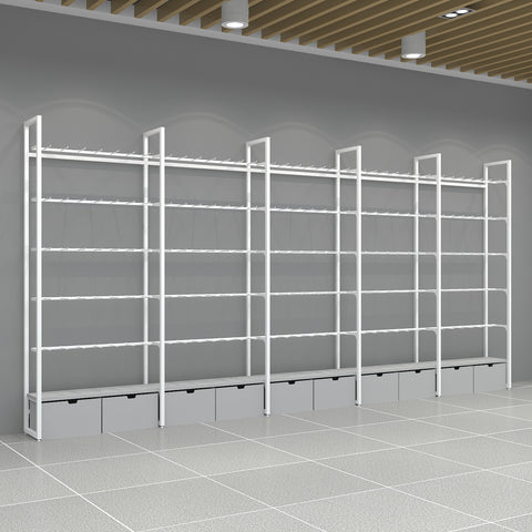 GUHUI-White-Wall-Display-Rack-with-Gray-Hook-Arms-and-Drawer-Storage-503cm_3