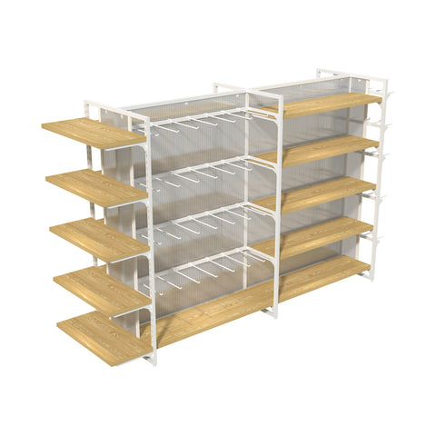 GUHUIDouble-SidedRetailGondolaShelvingwithWoodShelves_HookDisplay245cm_2