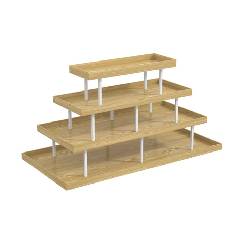 GUHUI 4-Tier Retail Display Table Wood Stepped Shelves & White Metal Frame