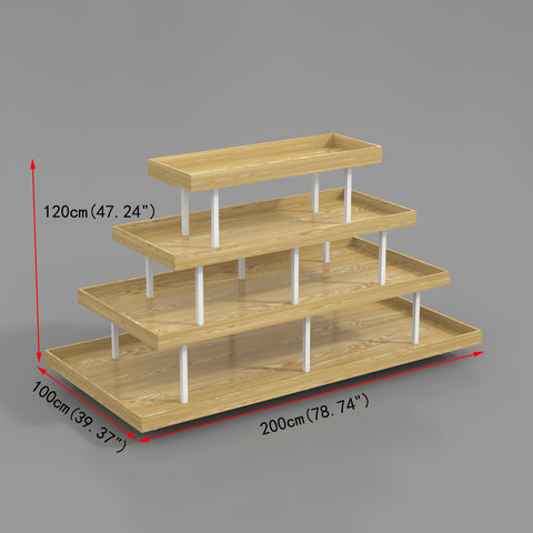 GUHUI 4-Tier Retail Display Table Wood Stepped Shelves & White Metal Frame